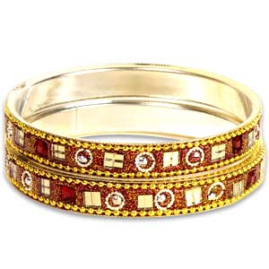 Pink-Golden Mirrorwork Kundan  Bangle Set