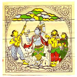 Krishna lifts Govardhan Hill